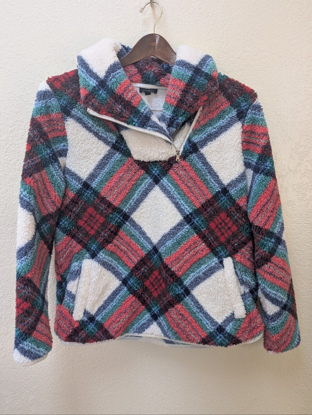 Talbots plaid Ultra Plush Sherpa Fleece Zip Pullover With Pockets.Size Mp